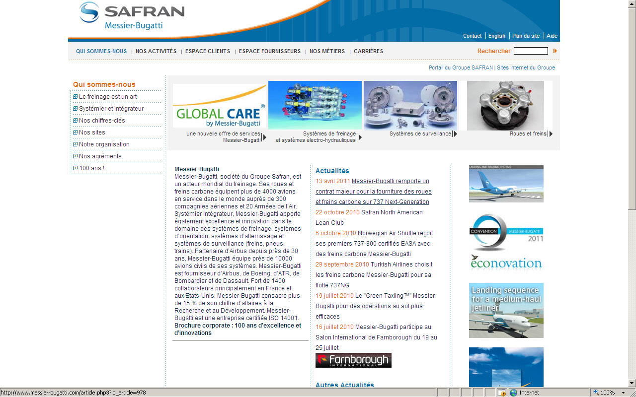 Site Internet Safran Messier-Bugatti en 2011